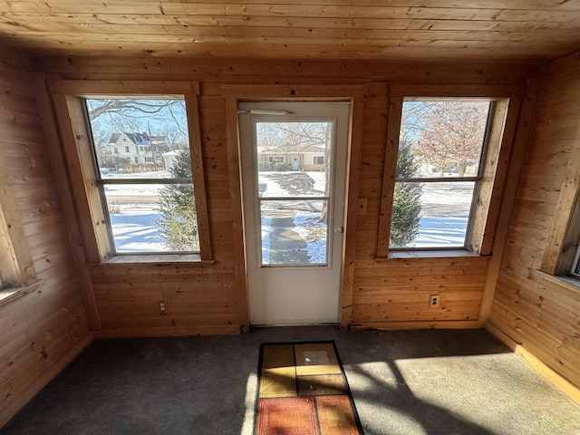 doorway with plenty of natural light, wooden ceiling, and wood walls