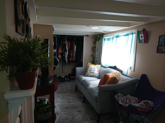 living room featuring beamed ceiling