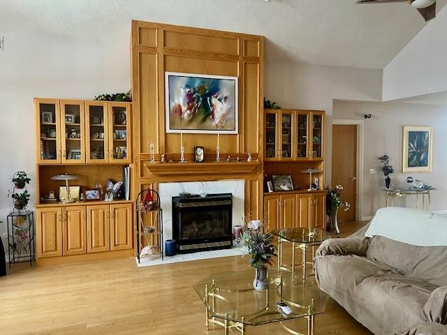 living room with ceiling fan, light wood-type flooring, and vaulted ceiling