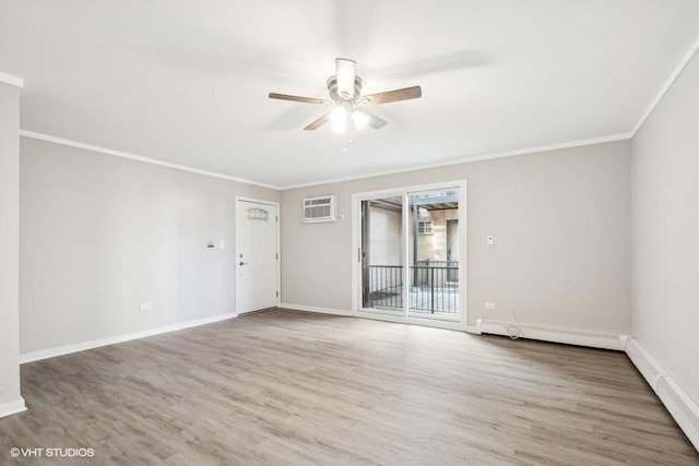 empty room with ceiling fan, wood-type flooring, an AC wall unit, and crown molding