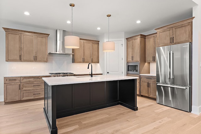 kitchen with wall chimney range hood, light wood-style floors, appliances with stainless steel finishes, and a sink