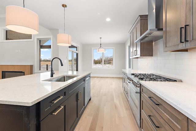 kitchen featuring stainless steel appliances, a sink, wall chimney exhaust hood, light wood-type flooring, and backsplash