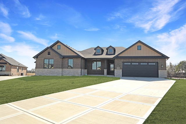 view of front facade featuring driveway, an attached garage, a front lawn, board and batten siding, and brick siding