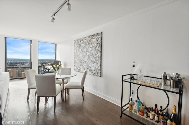 dining space featuring hardwood / wood-style floors, a wall of windows, rail lighting, and ornamental molding