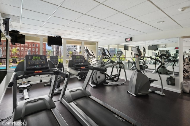 gym featuring a drop ceiling and a healthy amount of sunlight