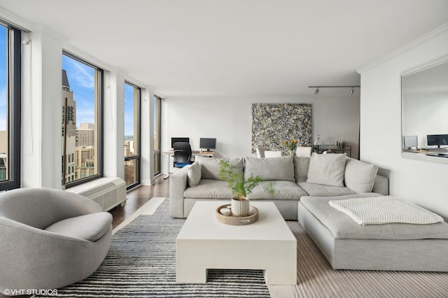 living room with an AC wall unit, floor to ceiling windows, rail lighting, and hardwood / wood-style flooring