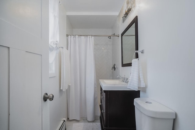 bathroom with vanity, curtained shower, toilet, and baseboard heating