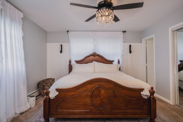 bedroom featuring carpet flooring and ceiling fan