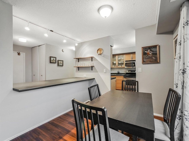 dining room with dark hardwood / wood-style flooring and a textured ceiling