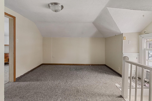 additional living space with a textured ceiling, carpet, and lofted ceiling