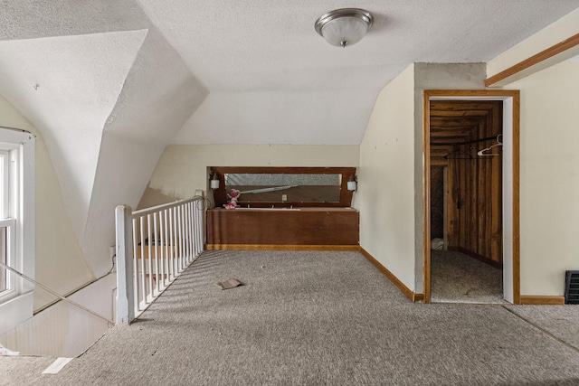 additional living space with lofted ceiling, carpet floors, and a textured ceiling