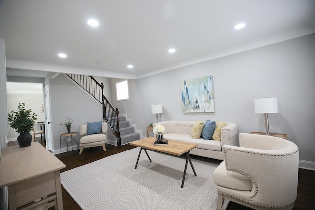 living room featuring dark wood-type flooring