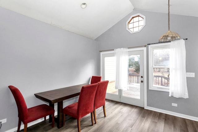 dining space with hardwood / wood-style flooring, a wealth of natural light, and lofted ceiling