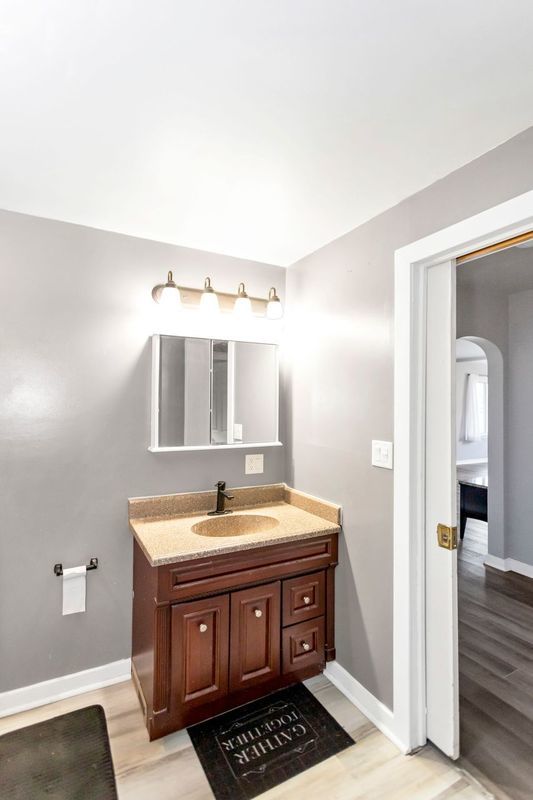 bathroom with hardwood / wood-style floors and vanity