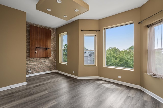 spare room with plenty of natural light, dark wood-type flooring, and brick wall