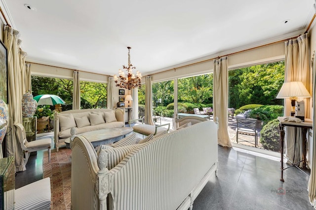 sunroom featuring a notable chandelier