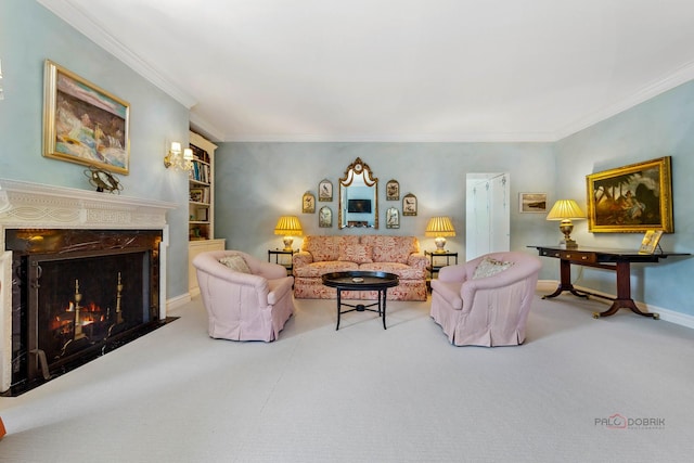 carpeted living room featuring crown molding, a high end fireplace, and built in shelves