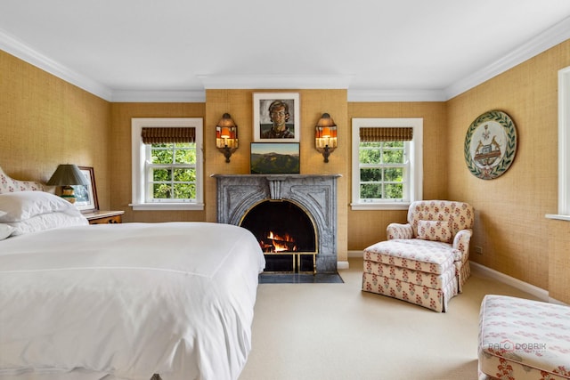 bedroom featuring multiple windows, crown molding, and carpet floors