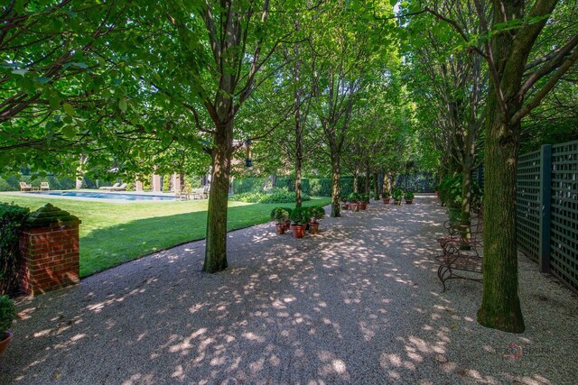 surrounding community featuring a pool and a yard