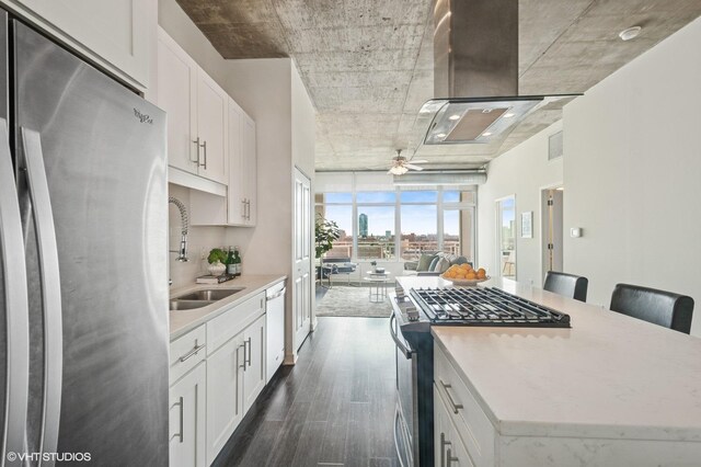 kitchen with dark wood-type flooring, sink, white cabinetry, and stainless steel appliances