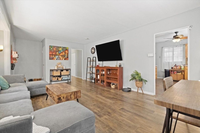 living room with ceiling fan and light hardwood / wood-style flooring