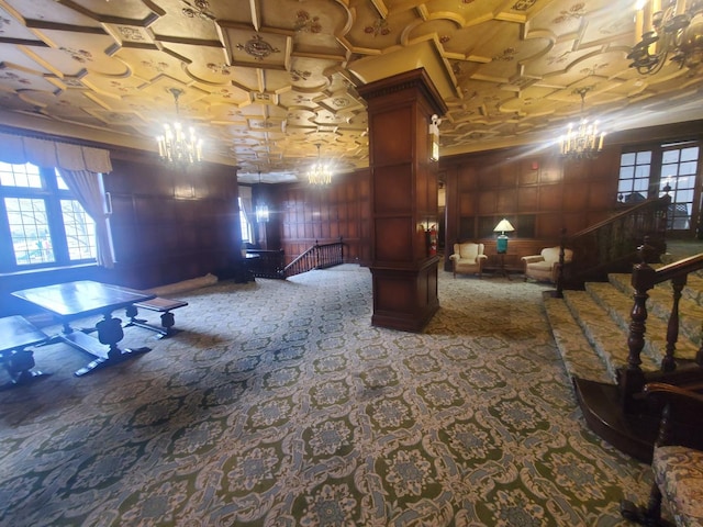 basement with carpet and wooden walls