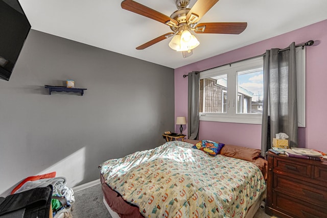 bedroom with ceiling fan and carpet floors