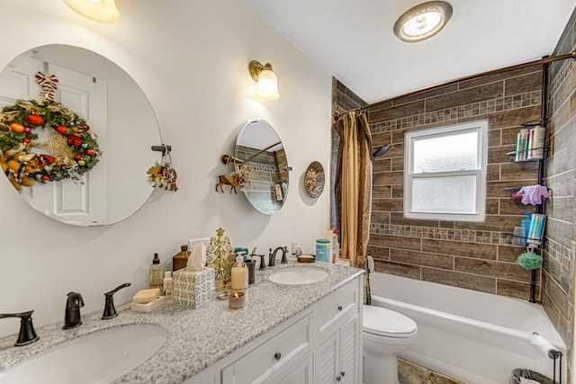 full bathroom with toilet, vanity, and shower / bath combo with shower curtain