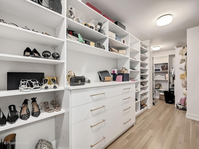 walk in closet with light wood-type flooring