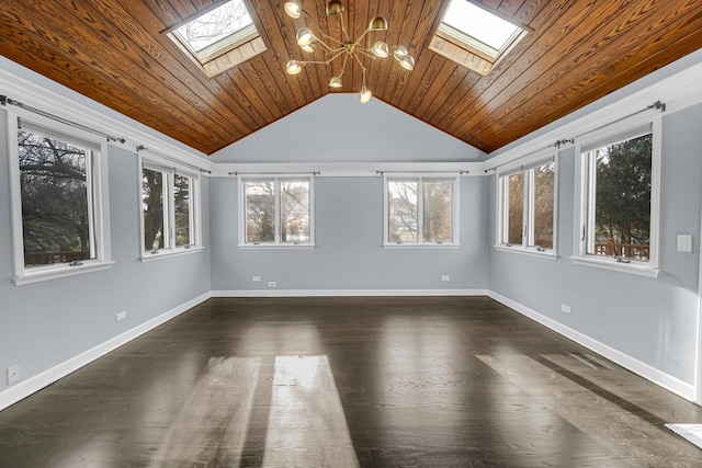 interior space featuring wood ceiling, lofted ceiling with skylight, and dark hardwood / wood-style flooring