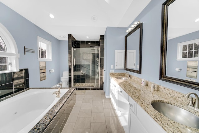 full bathroom with vanity, toilet, separate shower and tub, and tile patterned flooring