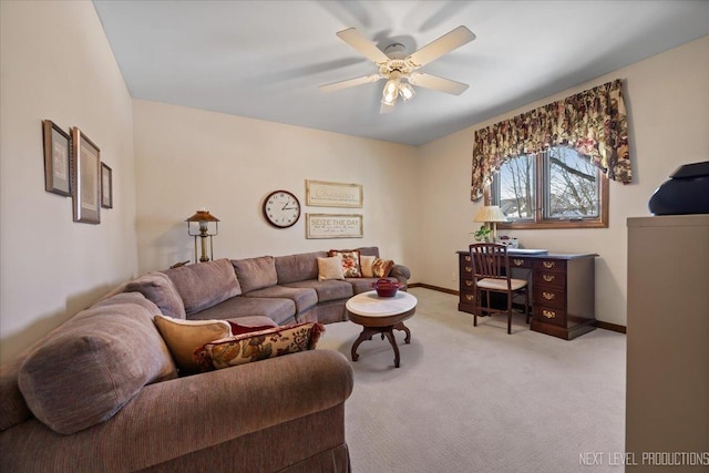 living room featuring light carpet and ceiling fan