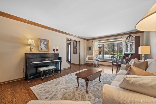 living room with crown molding and dark wood-type flooring