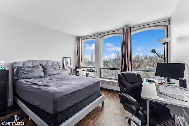 bedroom featuring radiator and dark wood-style flooring