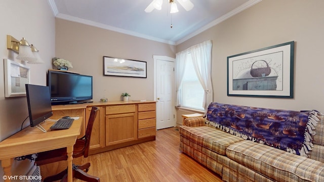 office featuring ceiling fan, light hardwood / wood-style flooring, and ornamental molding