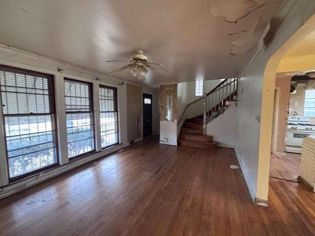 interior space featuring ceiling fan, dark hardwood / wood-style floors, and crown molding