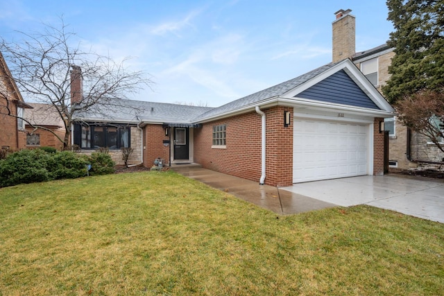 single story home featuring a garage and a front lawn