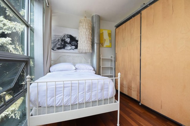 bedroom with dark hardwood / wood-style flooring and a closet