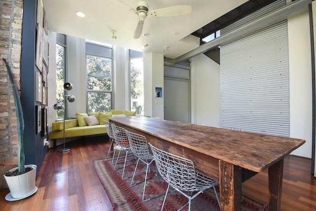 dining space with ceiling fan and dark hardwood / wood-style flooring