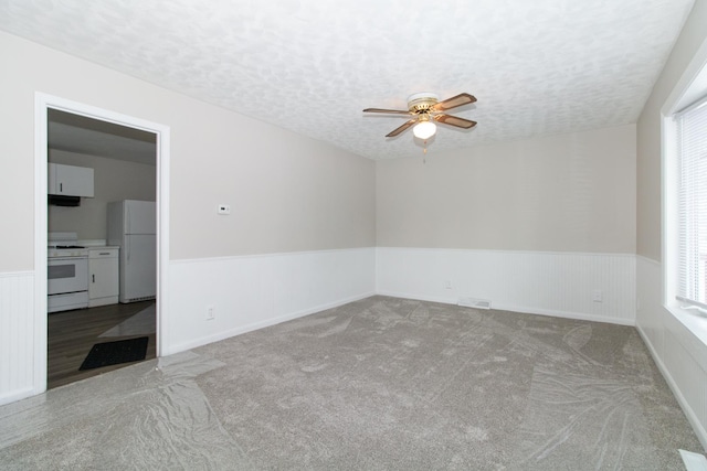 carpeted spare room with ceiling fan and a textured ceiling