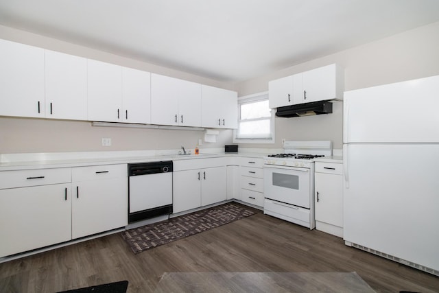 kitchen featuring white cabinets, dark hardwood / wood-style flooring, white appliances, and sink