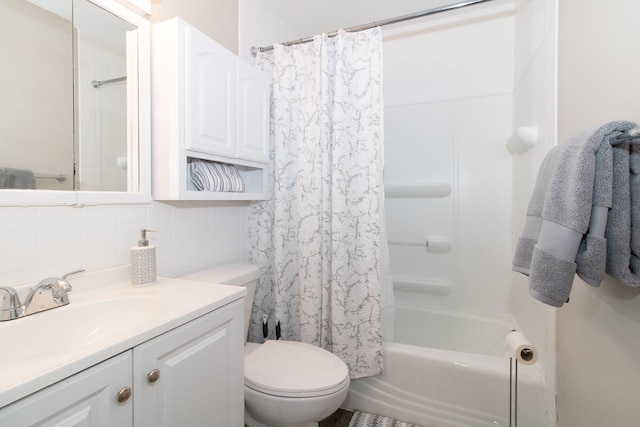 full bathroom with vanity, decorative backsplash, toilet, tile walls, and shower / tub combo with curtain