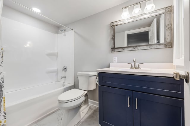 full bathroom featuring shower / washtub combination, vanity, and toilet