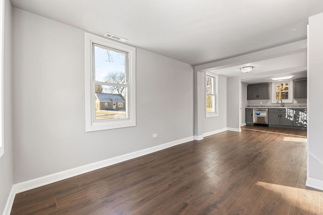 unfurnished living room featuring sink and dark wood-type flooring