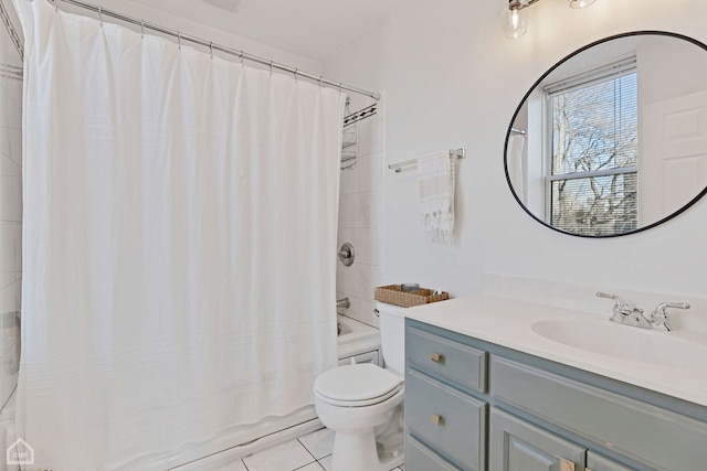 full bathroom with toilet, vanity, shower / bathtub combination with curtain, and tile patterned flooring