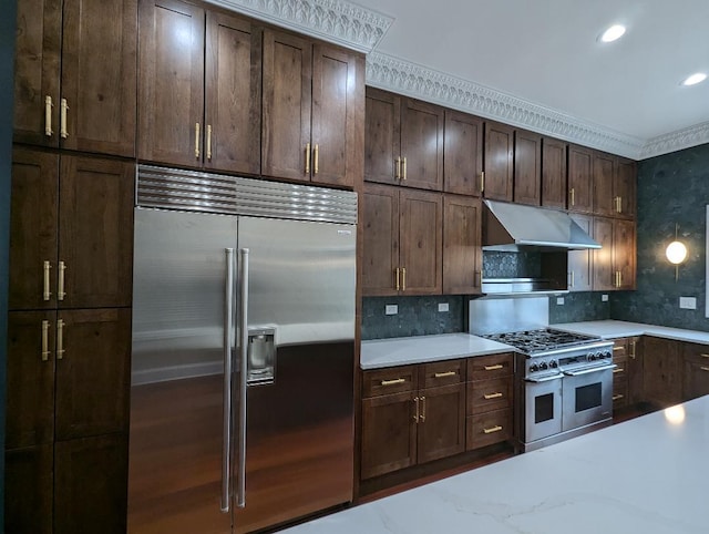 kitchen with backsplash, light stone counters, dark brown cabinets, and premium appliances