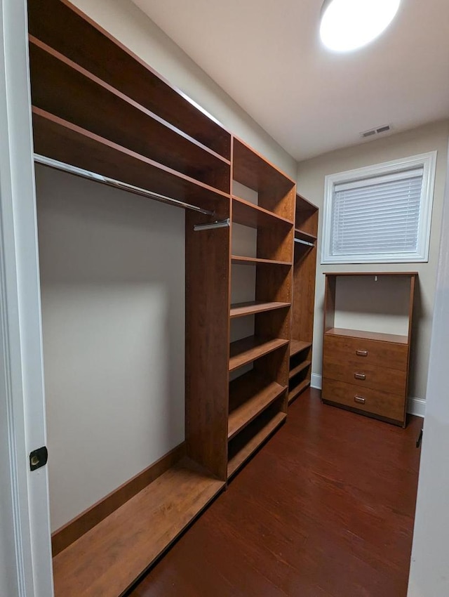 spacious closet with dark hardwood / wood-style floors