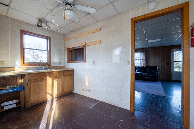 kitchen with a paneled ceiling, plenty of natural light, and sink