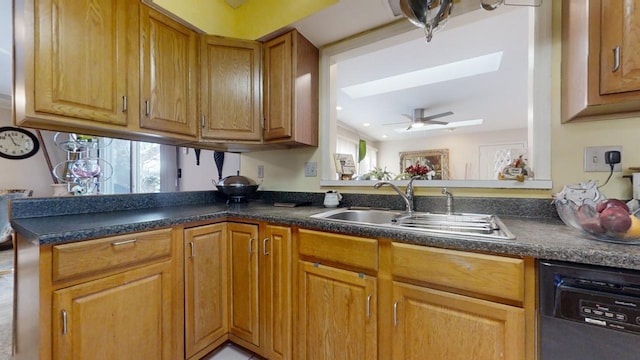 kitchen featuring sink, ceiling fan, dishwasher, and kitchen peninsula