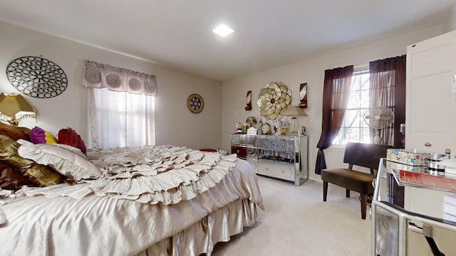 bedroom with light colored carpet